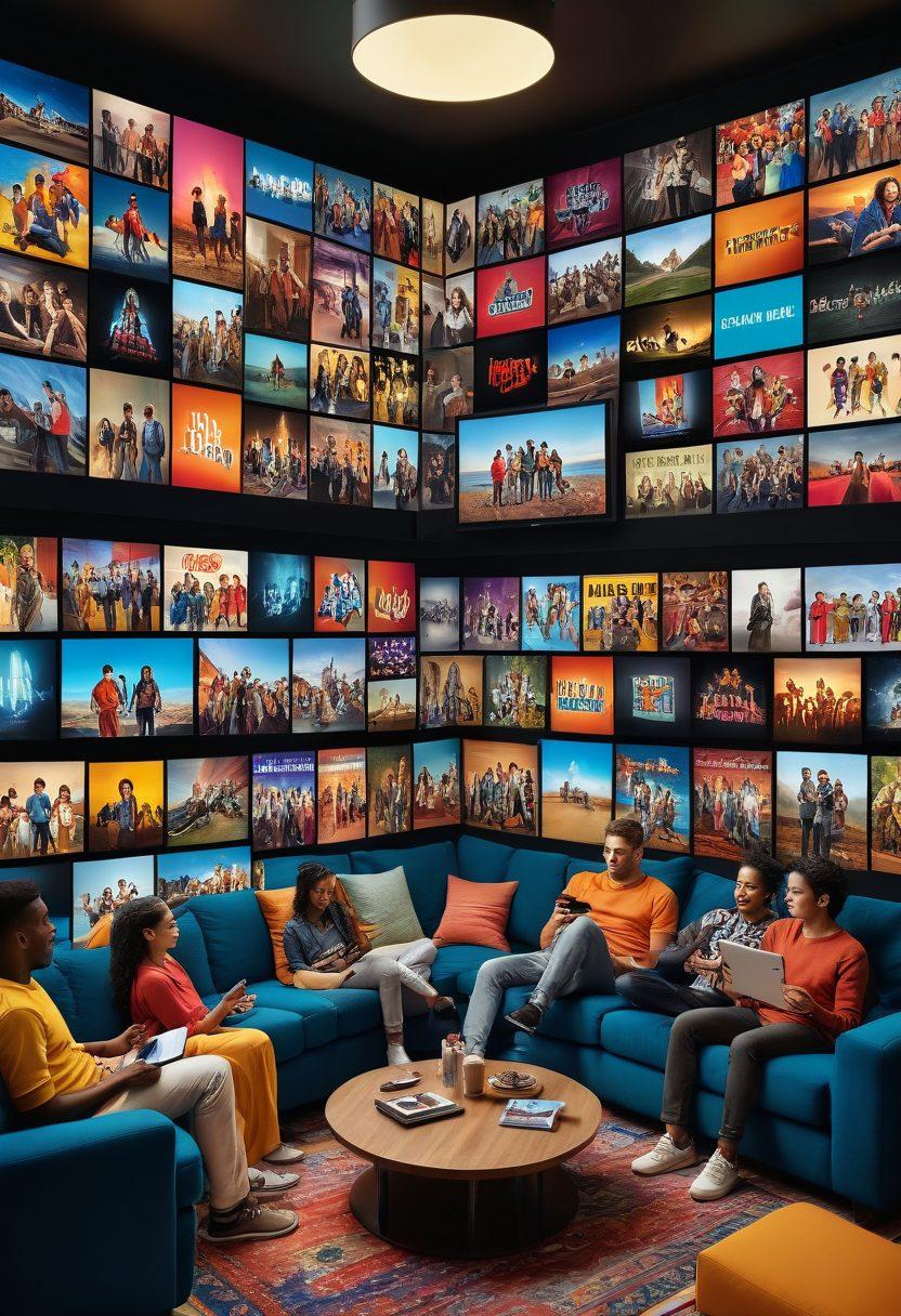 A dynamic collage showcasing a vibrant living room scene with a diverse group of people watching various video clips on multiple screens, representing the evolution of entertainment. Incorporate symbols of different streaming platforms and genres, like films, gaming, and viral videos, blending into the background. Include visual elements like popcorn, mobile devices, and colorful sound waves to illustrate the excitement of modern viewing experiences. super-realistic. vibrant colors. digital art.
