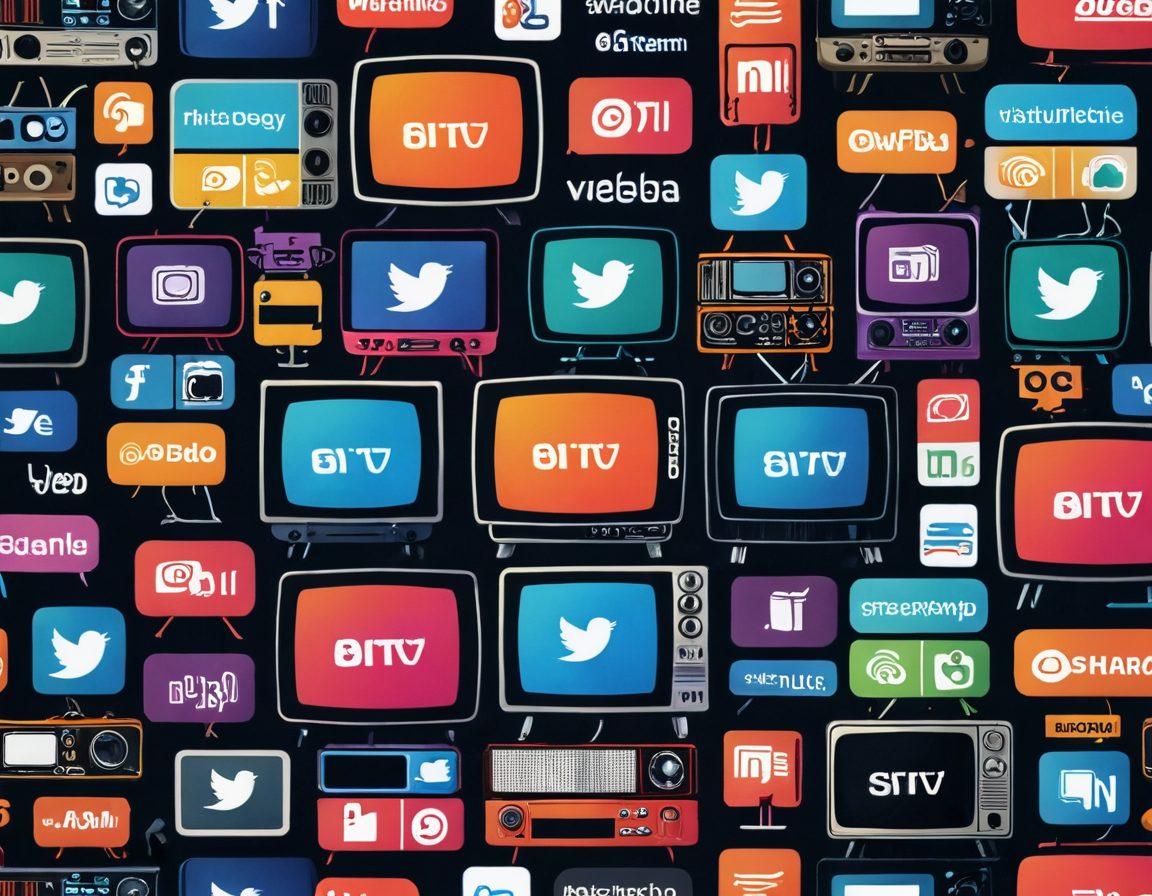A dynamic collage showcasing the evolution of digital entertainment, featuring iconic video streaming platforms with their logos, a vintage television, modern smartphones, and a futuristic holographic screen displaying diverse media. Intertwined are symbols of sharing, like social media icons and clouds representing digital storage. The background transitions from retro to modern styles, portraying growth and innovation in technology. vibrant colors. futuristic art.