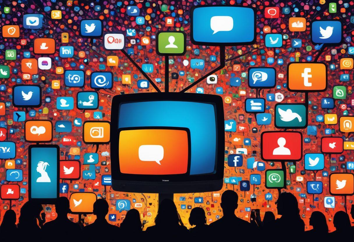 A vibrant collage featuring various media platforms like television, mobile devices, and social media icons, intertwined with silhouettes of diverse people sharing content. Bright colors symbolize connection and interaction, while a dynamic background represents the evolution of viewing habits. Include elements like a play button, chat bubbles, and streaming symbols. super-realistic. vibrant colors. modern design.